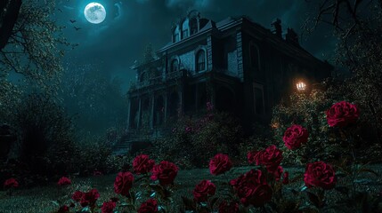 Mysterious mansion under a full moon, surrounded by dark foliage and vibrant red roses, creating an eerie yet enchanting atmosphere.