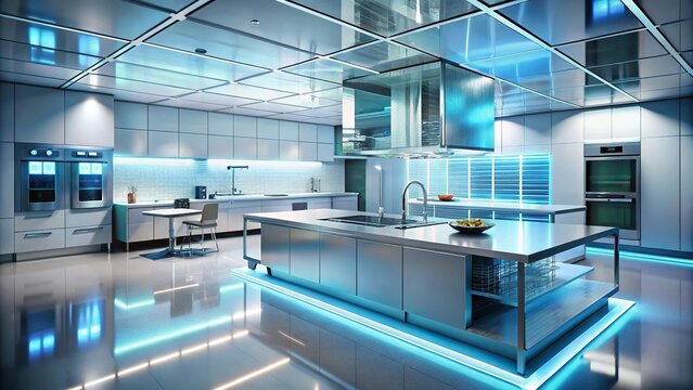 futuristic kitchen with holographic displays and molecular gastronomy tools