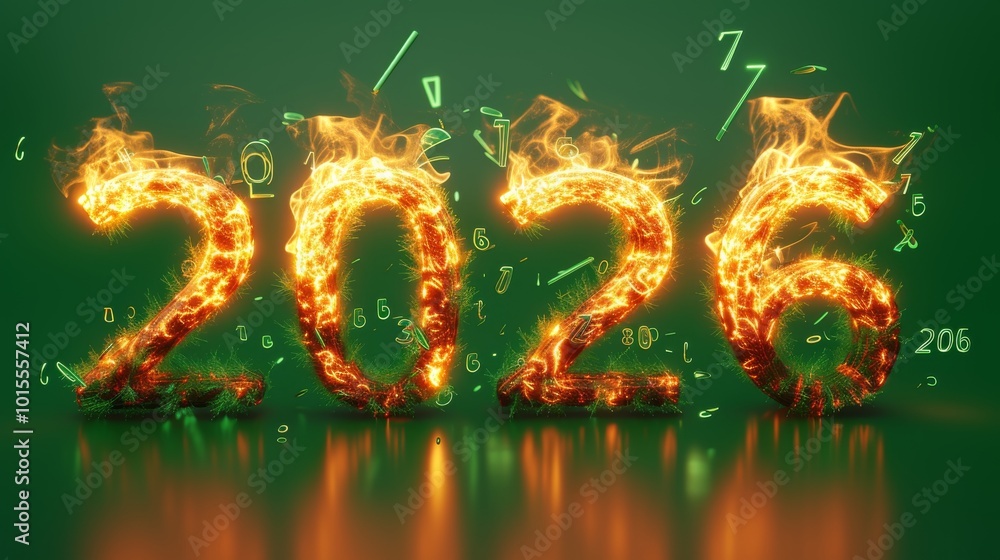 Poster the year 2026 appears in burning flames, enhanced with floating digital elements over a vivid green 