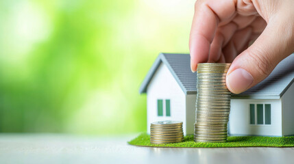 Investing money in house model symbolizes financial growth and stability.