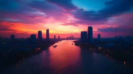 Cityscape with a Sunset and River Background