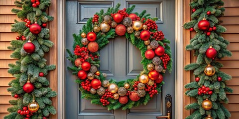 Festive Evergreen Wreath Adorned with Red and Gold Ornaments, Gracing a Traditional Wooden Door for the Holiday Season