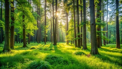 Obraz premium Sunbeams filtering through a canopy of vibrant green leaves, illuminating the forest floor with dappled light, casting long shadows from the towering trees, creating a sense of tranquility and peace