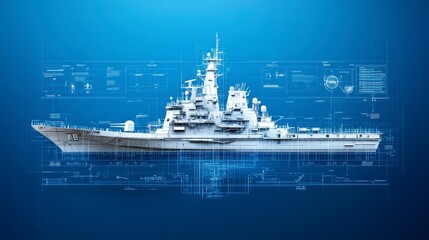A digital illustration of a battleship with technical schematics overlay.