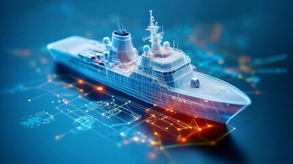 A digital rendering of a naval ship with technical overlays illustrating its design.