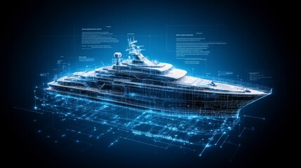 A digital rendering of a yacht with a futuristic design and technical data overlay.