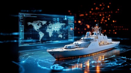 A digital representation of a naval ship with a global map backdrop, emphasizing technology.