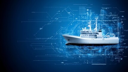 A digital representation of a ship with technological elements and a blue background.