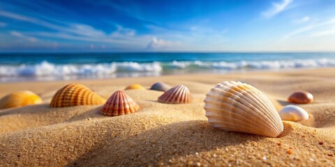 Obraz premium Seashells scattered across the warm golden sand, their textures and colors accentuated by the sunlight, create a serene beach scene with a hint of the vast ocean in the background.