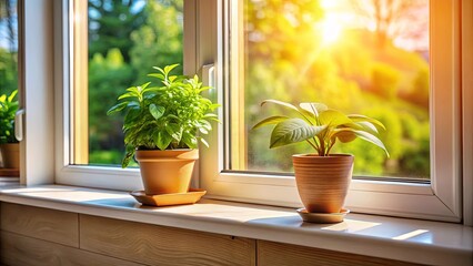 Fototapeta premium Two potted plants on a windowsill bathed in warm sunlight, with a blurred view of nature beyond the glass pane.