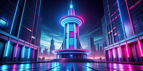 Futuristic tower illuminated by pink and blue neon lights