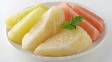 A beautifully arranged plate of sliced durian, displaying its creamy, yellow flesh, garnished with mint leaves and served alongside tropical fruits for a colorful feast. --chaos 70 -