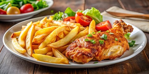 A crispy, golden-brown fried chicken leg served with golden french fries and a side of fresh tomatoes and lettuce.