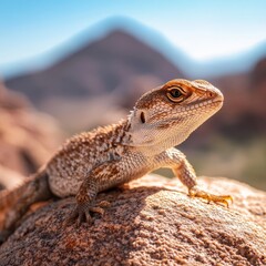 Obraz premium A close-up of a lizard basking on a hot desert rock, its scales reflecting the heat