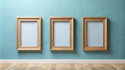 gallery mockup, wooden frames, light blue wall, minimalist, avant garde, aerial view