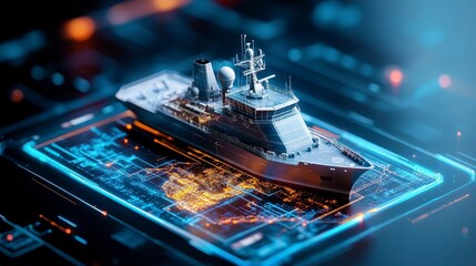A futuristic naval ship model displayed on a digital interface with data overlays.