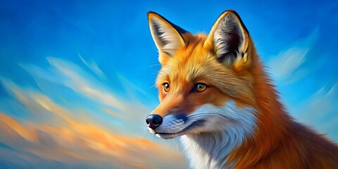 Fototapeta premium A fox's gaze into the vast expanse of a sunset sky, with soft, brushstrokes of color creating a dreamy atmosphere.