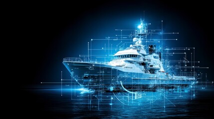 A futuristic yacht with digital overlays, emphasizing technology and innovation at sea.
