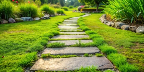 Obraz premium Garden stone path with grass growing between the stones in botanical garden