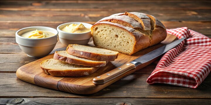 A rustic wooden table setting with a loaf of crusty bread, butter spread, a checkered cloth, and a classic kitchen knife