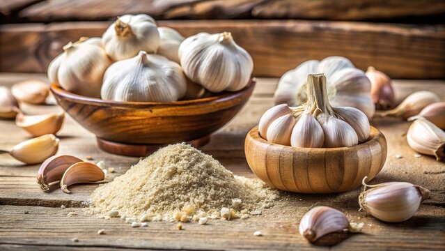Garlic cloves and garlic powder on wooden table