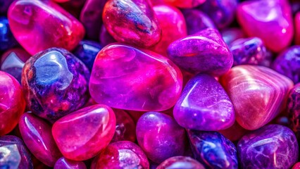 A vibrant collection of polished stones, each a captivating blend of pink and purple hues, showcasing the intricate details of their natural beauty.