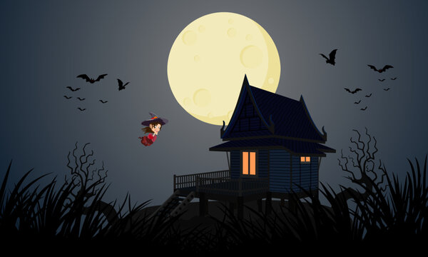 Halloween ghost release night. The Krasue ghost witch floats in the air near a Thai-style haunted house.