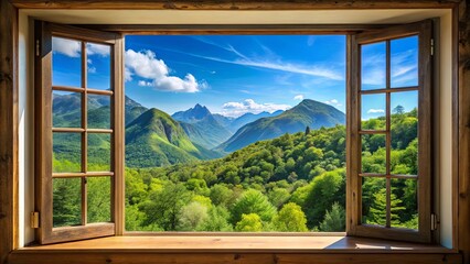 A Rustic Window Frame Offers a Stunning View of Lush Green Mountains Under a Clear Blue Sky