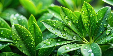Obraz premium A Close-Up of Vibrant Green Leaves Adorned with Dew Drops, Sparkling with Freshness and Reflecting the Soft Light