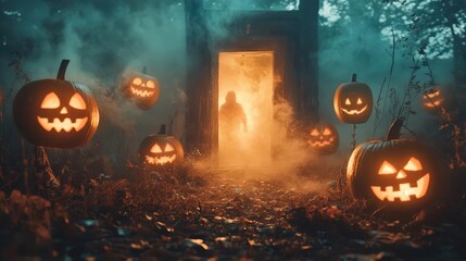 Eerie Halloween scene with glowing pumpkins, mist, and a mysterious figure emerging from a dark door in the forest.