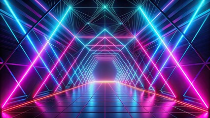 Obraz premium Geometric background with neon outlines and depth perspective reflected
