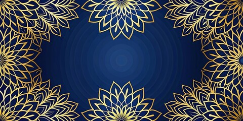 Geometric floral pattern in navy blue and gold on a silhouette background