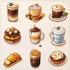 Variety of Coffee Beverages and Desserts Illustration - Café Menu Design