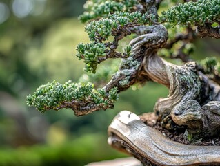 Fototapeta premium A close-up of the intricate branches and leaves of a bonsai, showcasing its detailed beauty