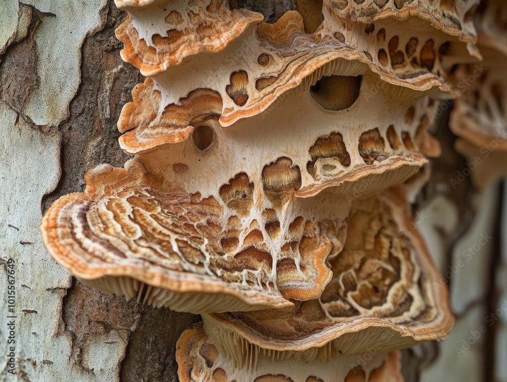 Poster a close-up of tree mushrooms, their intricate patterns and textures adding life to the bark