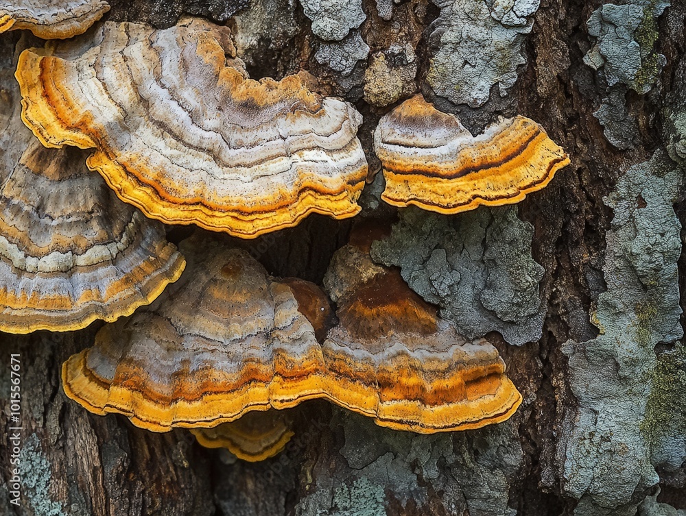 Poster a close-up of tree mushrooms, their intricate patterns and textures adding life to the bark