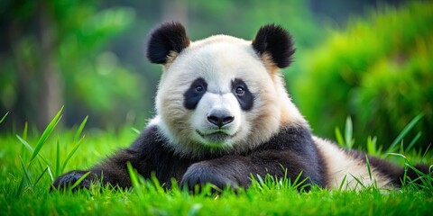 Fototapeta premium A Relaxed Panda Bear Resting in a Lush Green Meadow, Basking in the Warm Sun, its Fur Glowing with Serenity