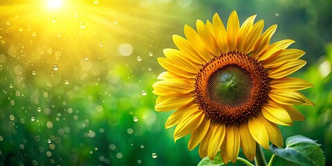 Obraz premium A vibrant sunflower with a yellow center and brown ring, basking in a soft sunlit sky with raindrops falling around it.