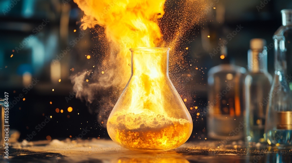 Aufkleber a vivid chemical reaction occurs within a glass flask, producing flames and sparks while colorful li