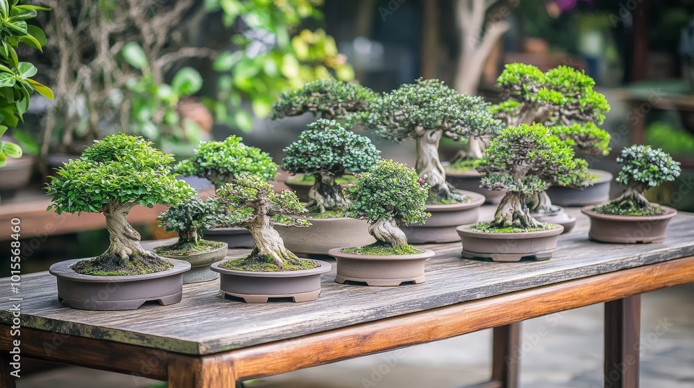 Poster a collection of bonsai trees displayed on a wooden table, each one unique in its form