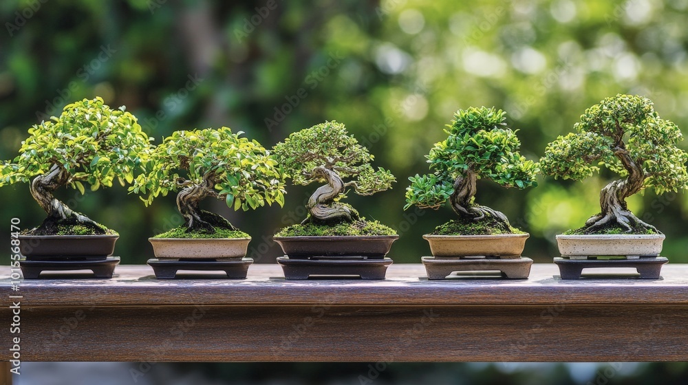 Poster a collection of bonsai trees displayed on a wooden table, each one unique in its form
