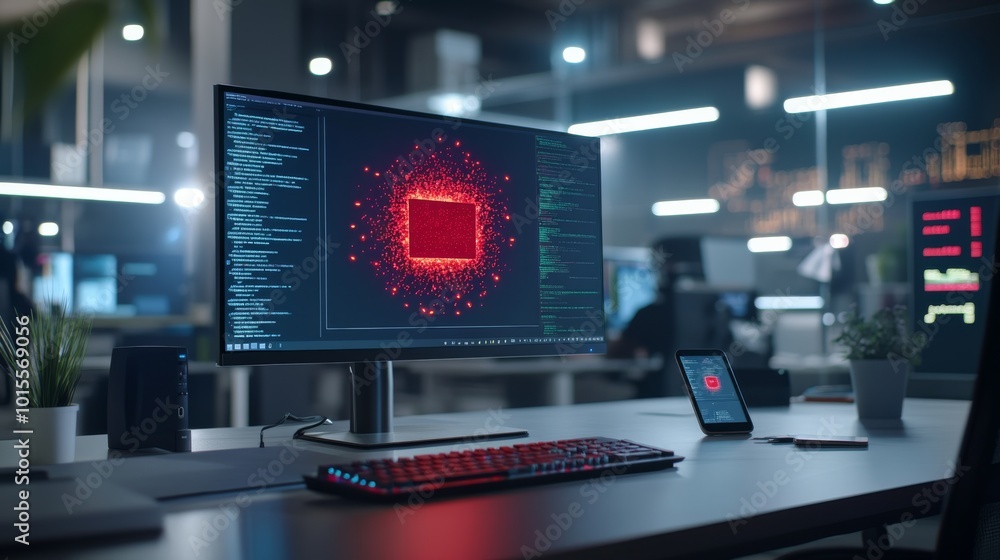 Poster a firewall alert pops up on a high-resolution monitor in a technology-driven workplace. the glowing 