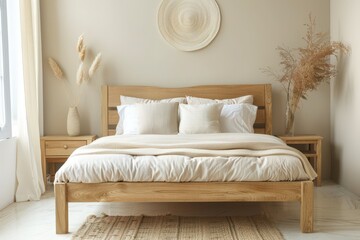 A large wooden bed with white pillows and a white comforter,generative ai image
