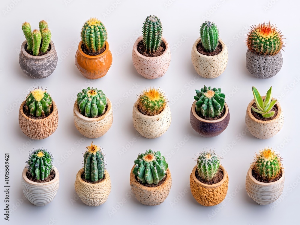 Poster a collection of small cacti in pots, each with a unique shape and size