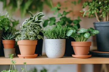 Obraz premium A collection of small houseplants in different pots, displayed on a shelf