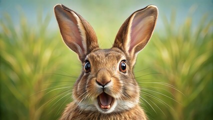 Obraz premium A Close-Up Portrait of a Curious Rabbit with Large Ears and a Wide Open Mouth, Capturing the Essence of Surprise and Wonder in its Eyes, Set Against a Softly Blurred Background of Lush Greenery