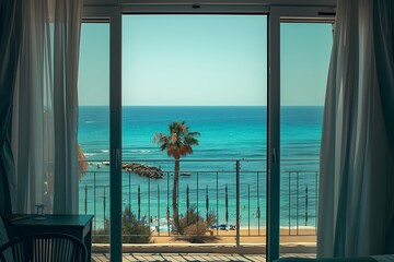 Beautiful view from the window to the sea and palm trees.