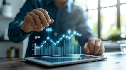 A person analyzing data on a tablet with a digital graph overlay.
