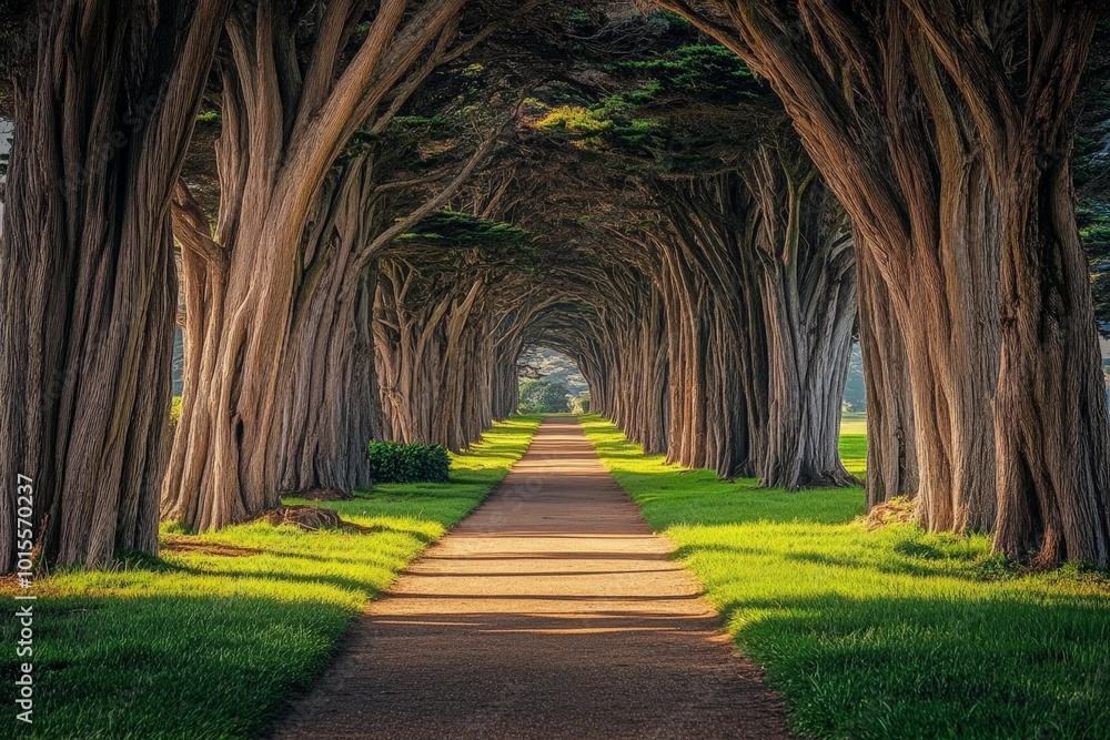 Poster a cypress tree-lined path in a serene park, their towering trunks creating a natural tunnel