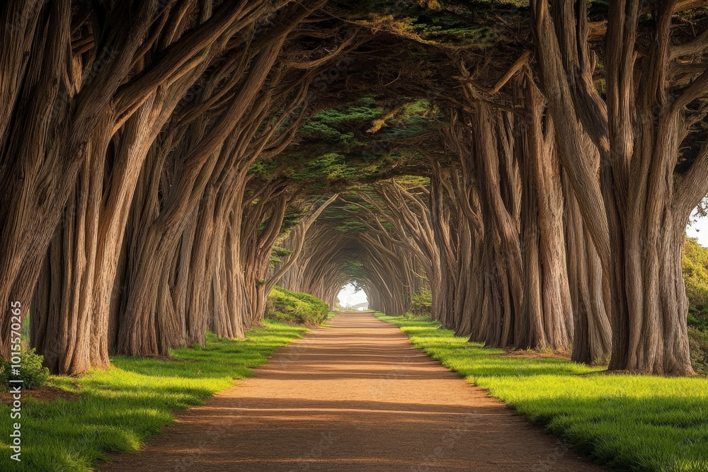Poster a cypress tree-lined path in a serene park, their towering trunks creating a natural tunnel